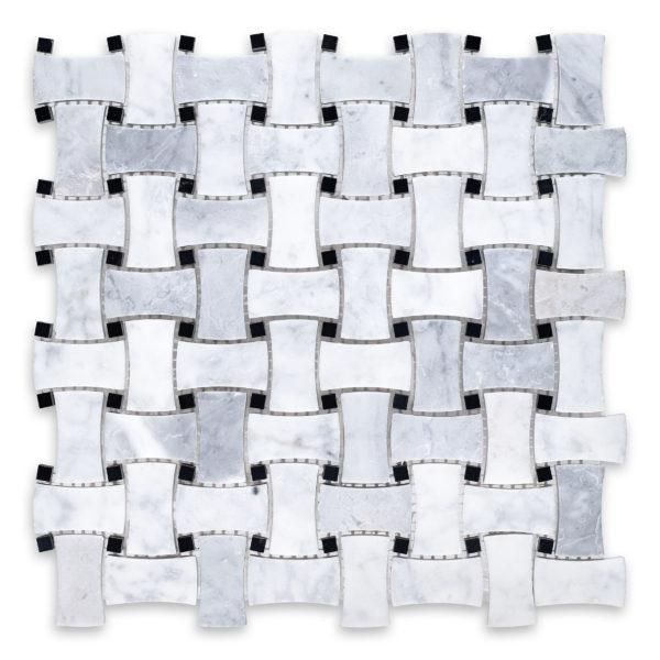 White Carrara Marble Basketweave Dogbone with Black Dot (Negro Marquina)
