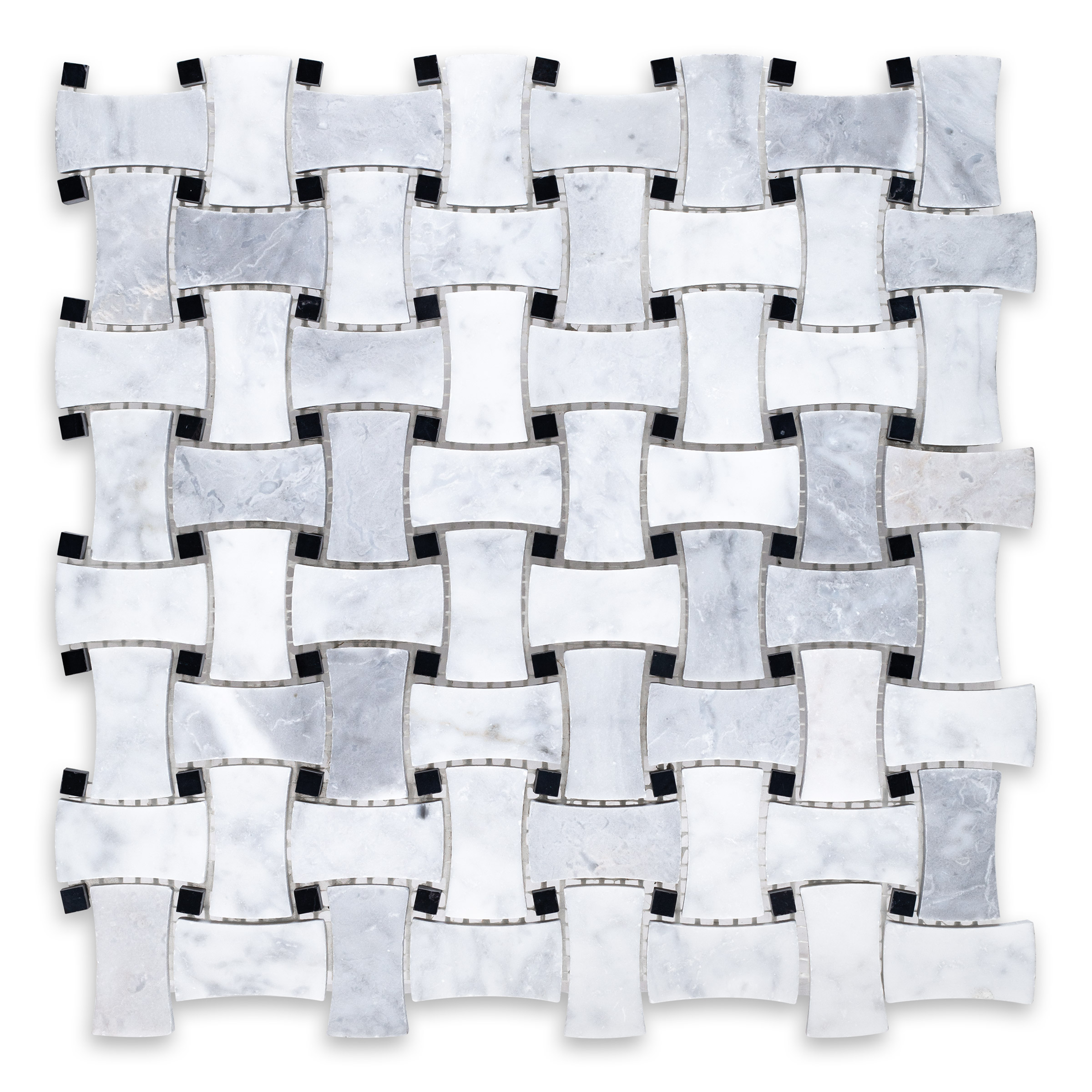 White Carrara Marble Basketweave Dogbone with Black Dot (Negro Marquina)
