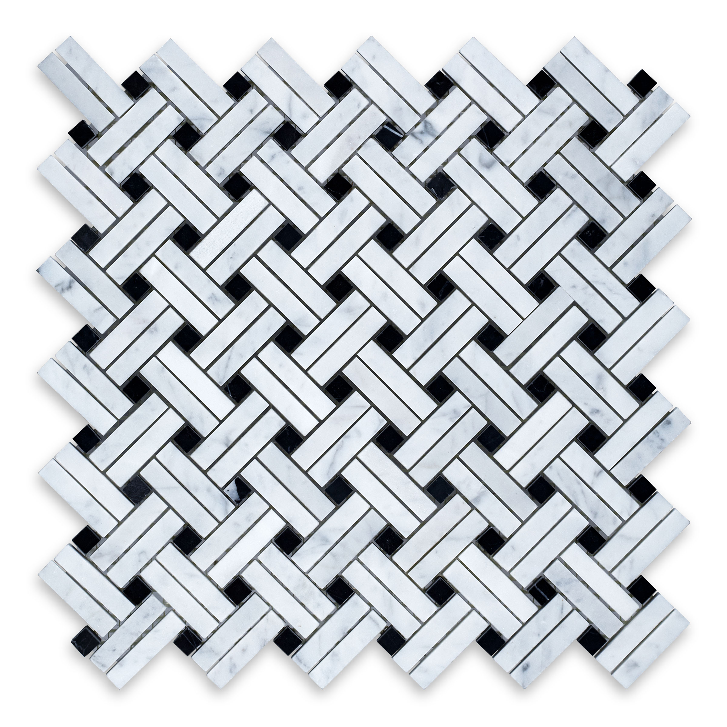 White Carrara Marble Basketweave Stanza with Black Dot (Negro Marquina)