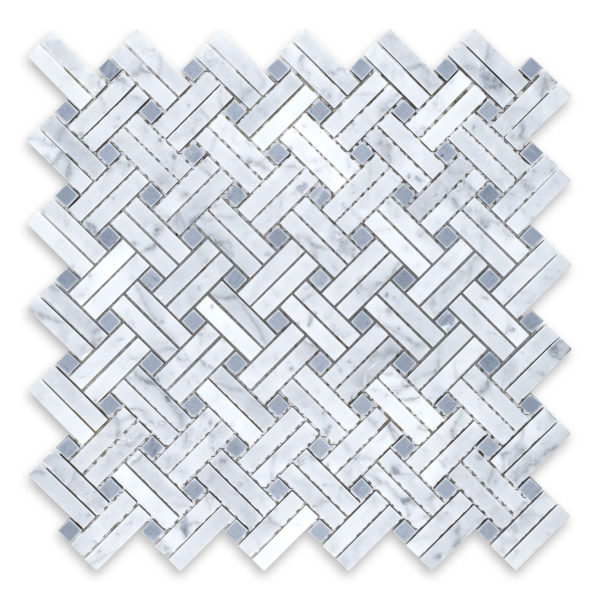 White Carrara Marble Basketweave Stanza with Blue Dot (Bardiglio Imperiale)
