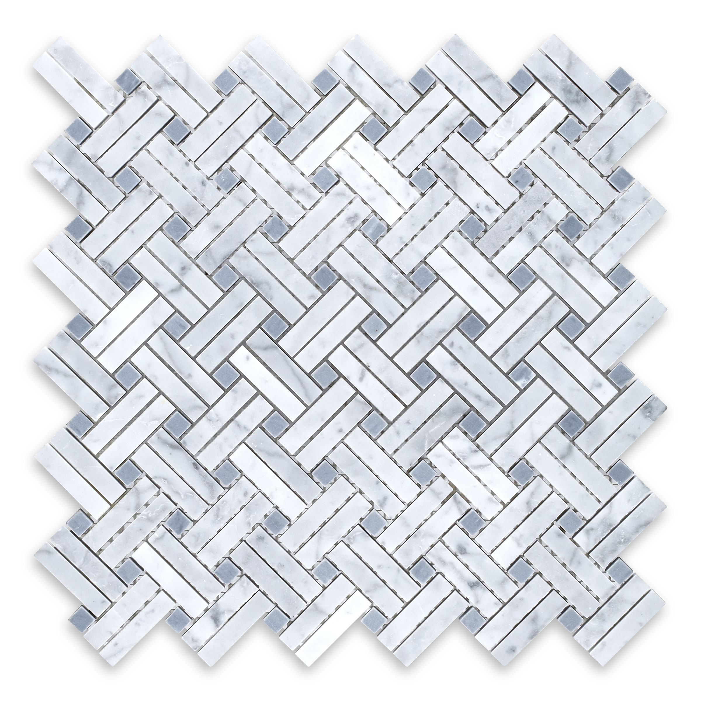 White Carrara Marble Basketweave Stanza with Blue Dot (Bardiglio Imperiale)