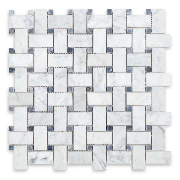 White Carrara Marble Basketweave with Blue Dot (Bardiglio Imperiale)