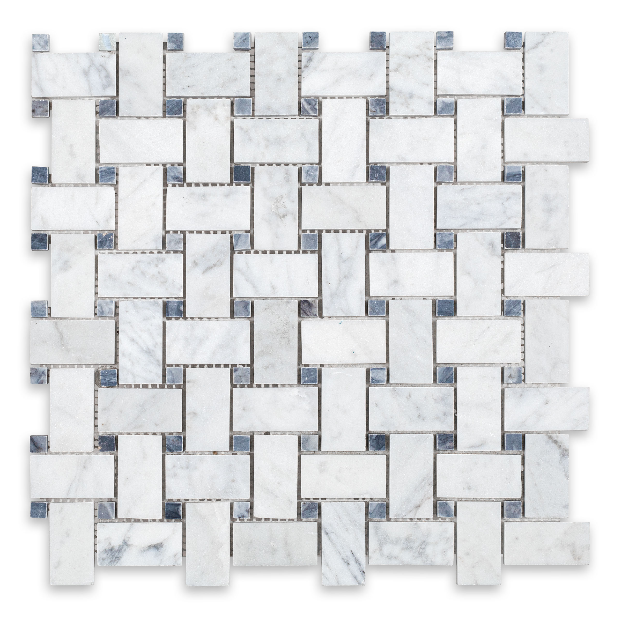 White Carrara Marble Basketweave with Blue Dot (Bardiglio Imperiale)