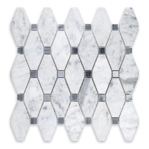 White Carrara Marble Elongated Octagon with Blue Dot (Bardiglio Imperiale)