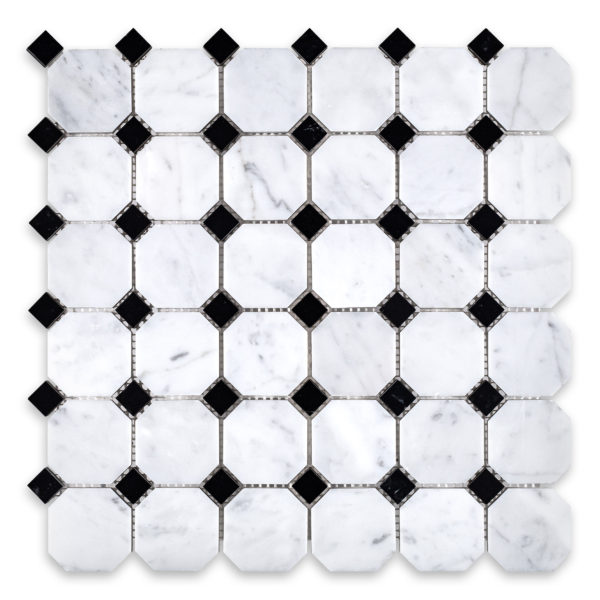 White Carrara Marble Octagon with Black Dot (Negro Marquina)