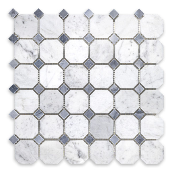 White Carrara Marble Octagon with Blue Dot (Bardiglio Imperiale)