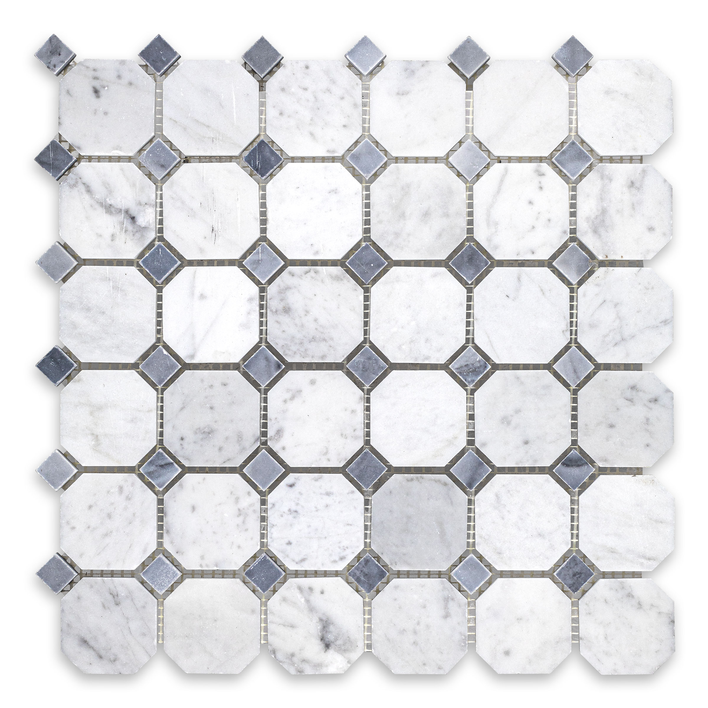 White Carrara Marble Octagon with Blue Dot (Bardiglio Imperiale)