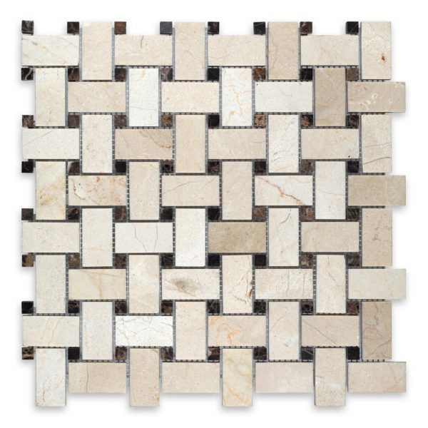 Crema Marfil Marble Basketweave with Brown Dot