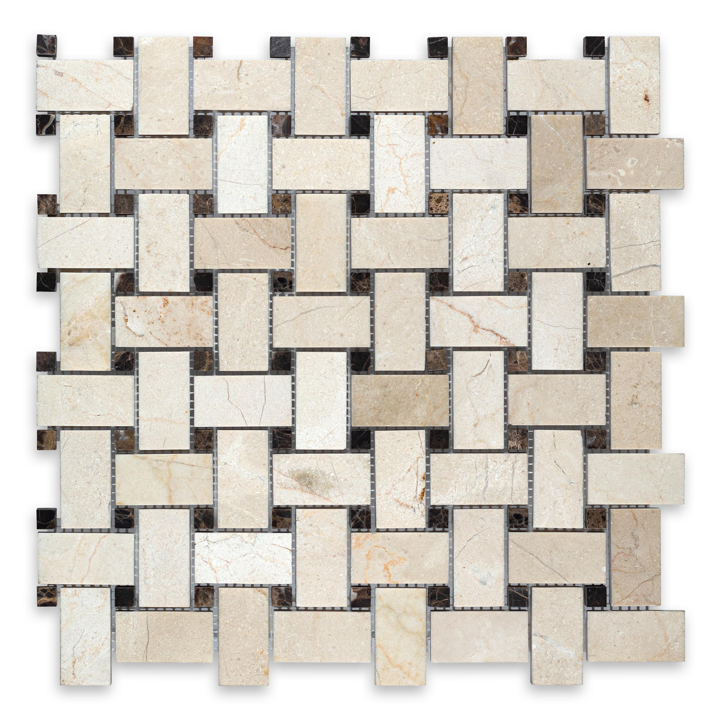 Crema Marfil Marble Basketweave with Brown Dot