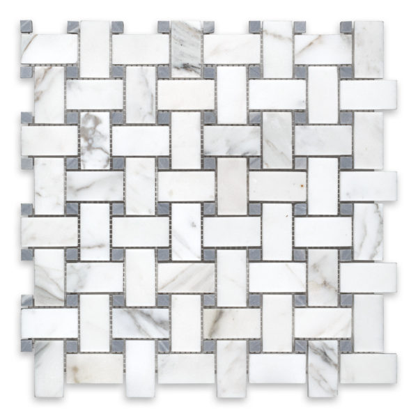 Calacatta Gold Marble Basketweave with Blue Dot