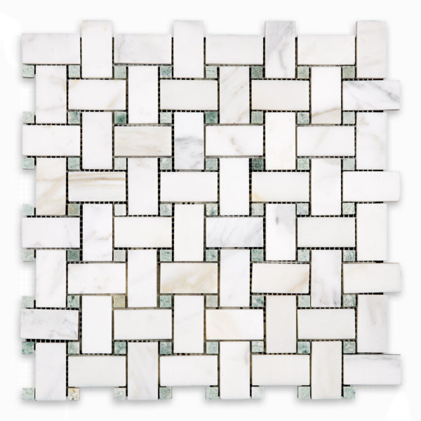 Calacatta Gold Marble Basketweave with Green Dot
