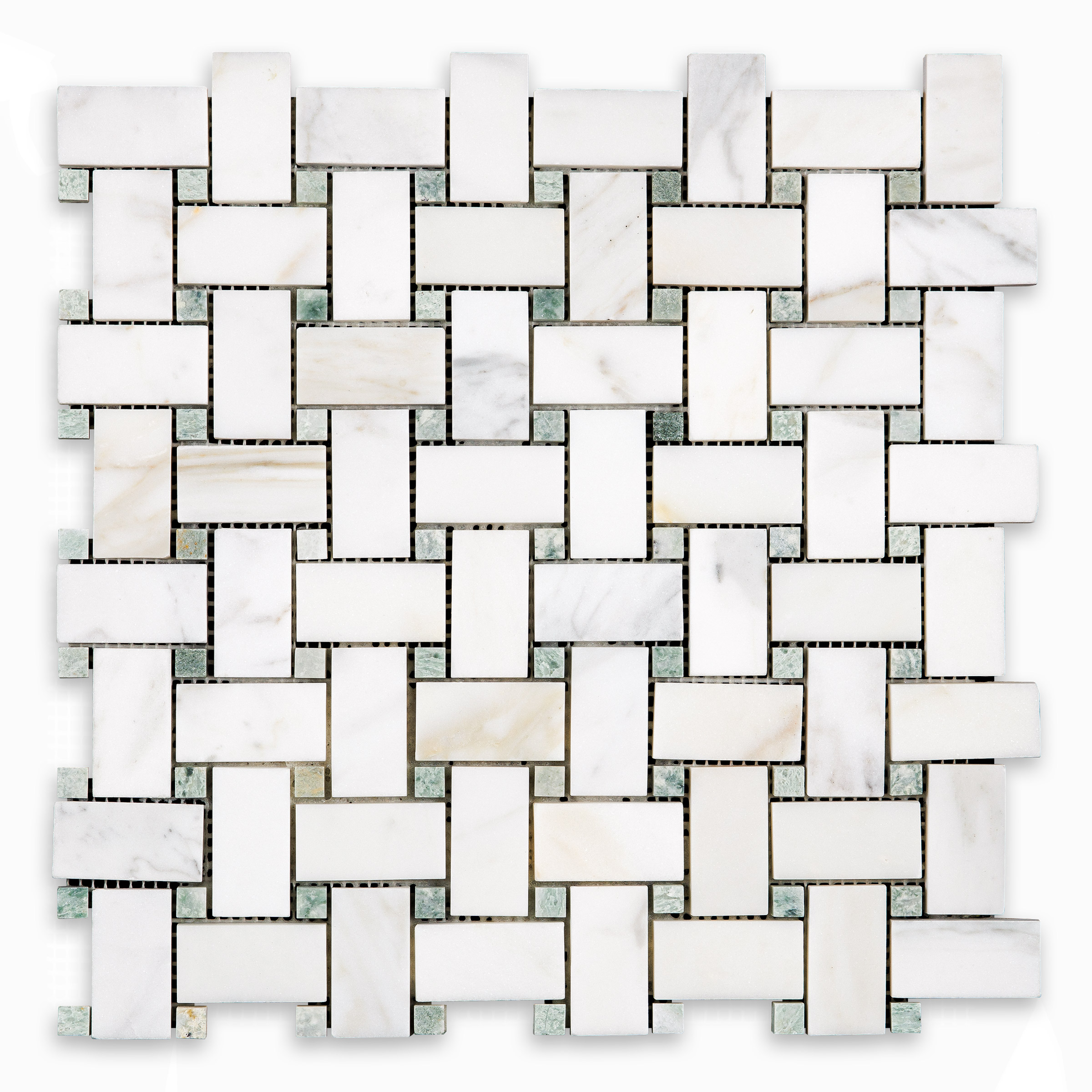 Calacatta Gold Marble Basketweave with Green Dot