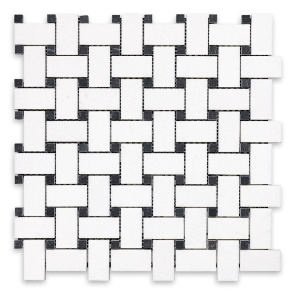 Thassos White Marble Basketweave with Black Dot