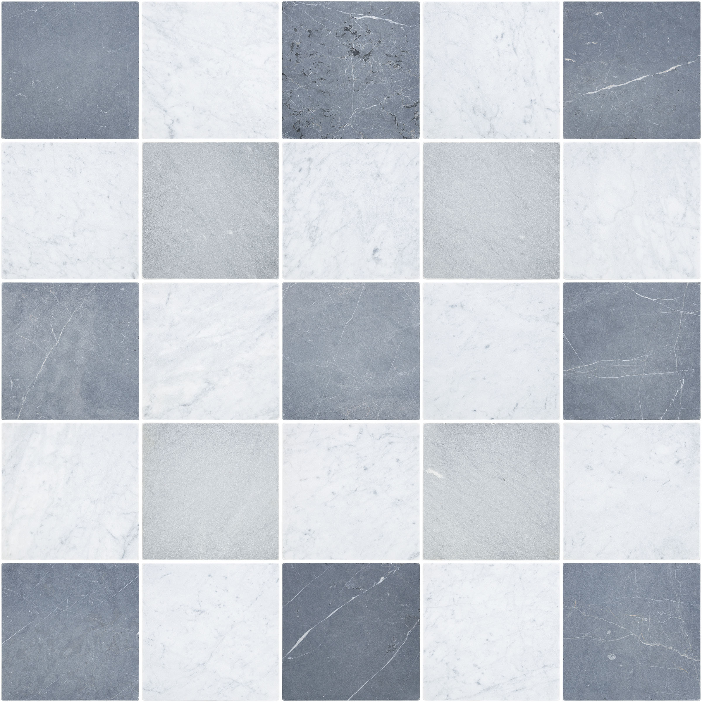 12X12 White Carrara Tumbled, Bardiglio Imperiale Tumbled, Negro Marquina Tumbled