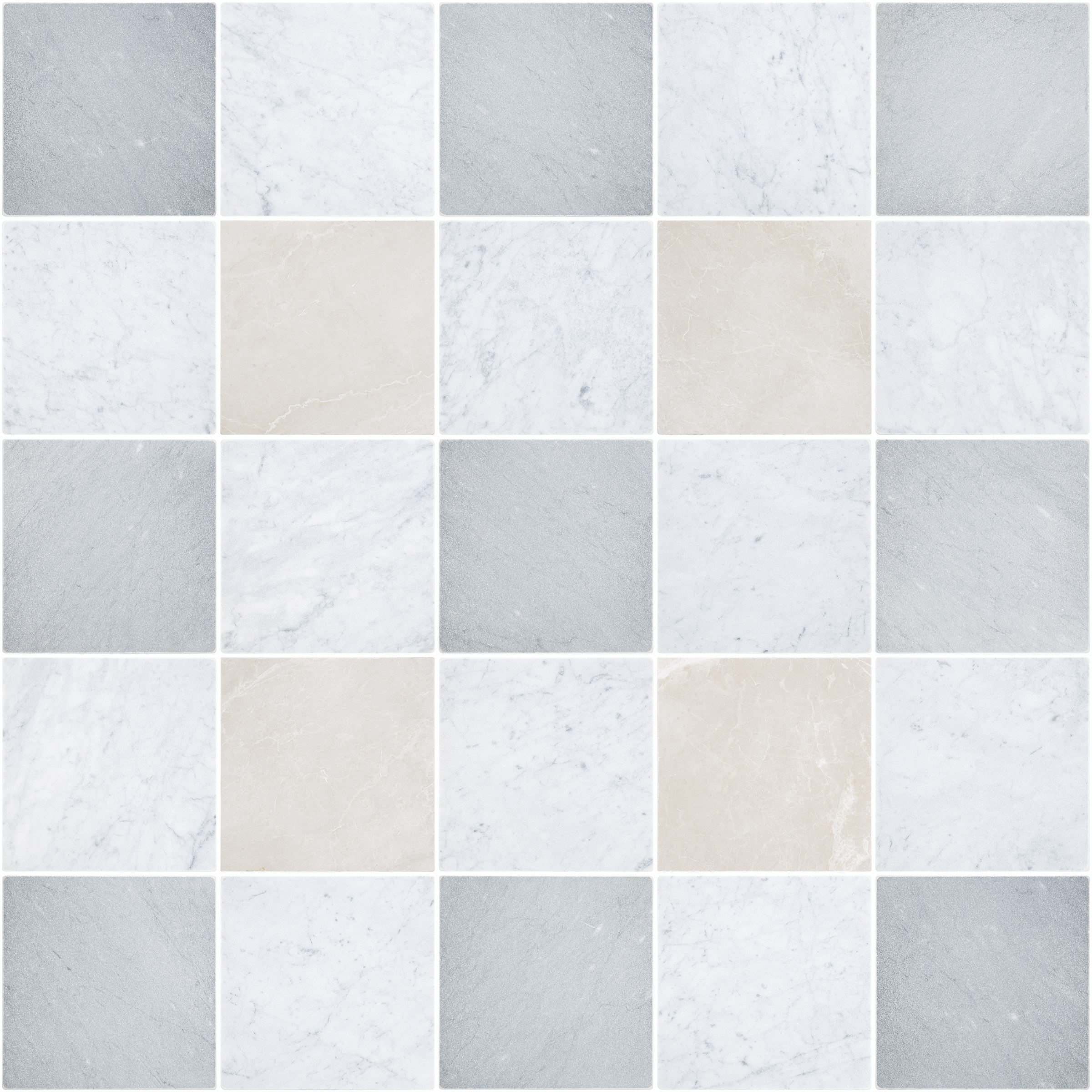 12X12 White Carrara Tumbled, Botticino Turkish Tumbled, Bardiglio Imperiale Tumbled