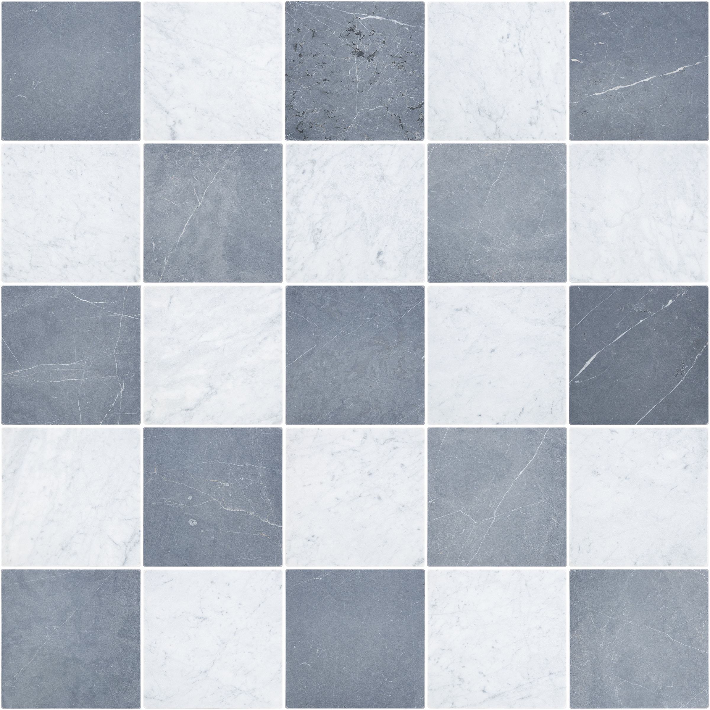 12X12 White Carrara Tumbled, Negro Marquina Tumbled
