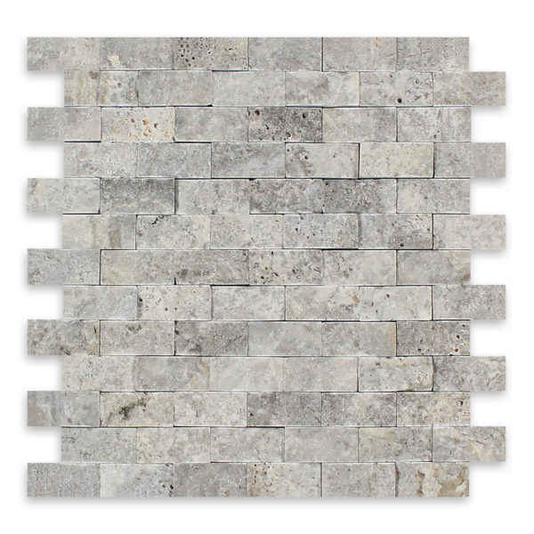 Silver Premium Travertine 1x2 Brick Splitface Mosaic