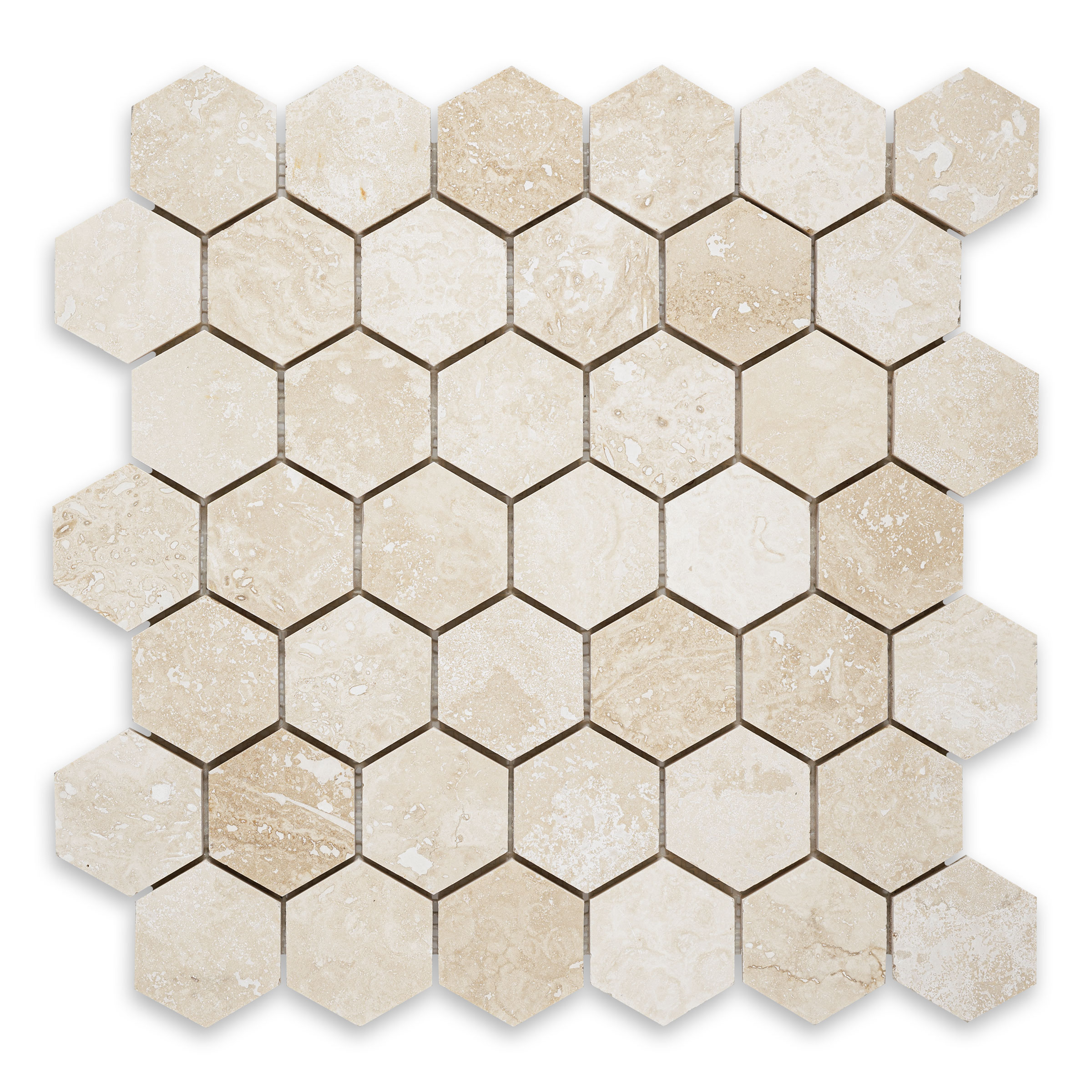 Ivory Premium Travertine 2" Hexagon Filled/ Honed