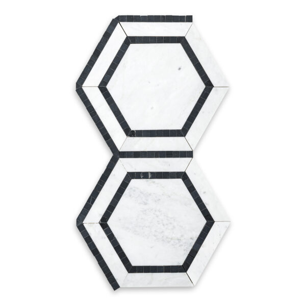 White Carrara Marble 5" Hexagon with Black Border