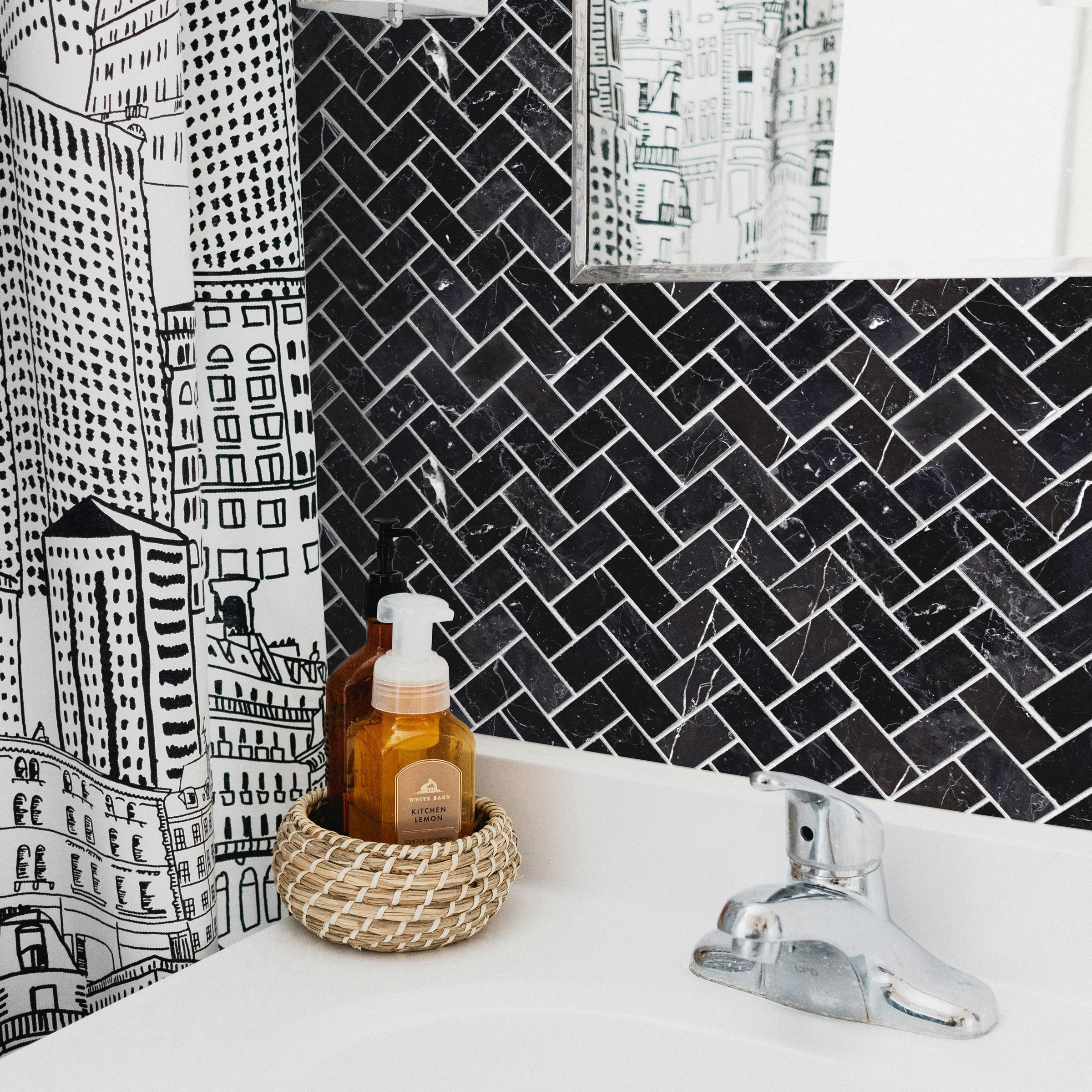 Negro Marquina Marble 1" X 2" Herringbone